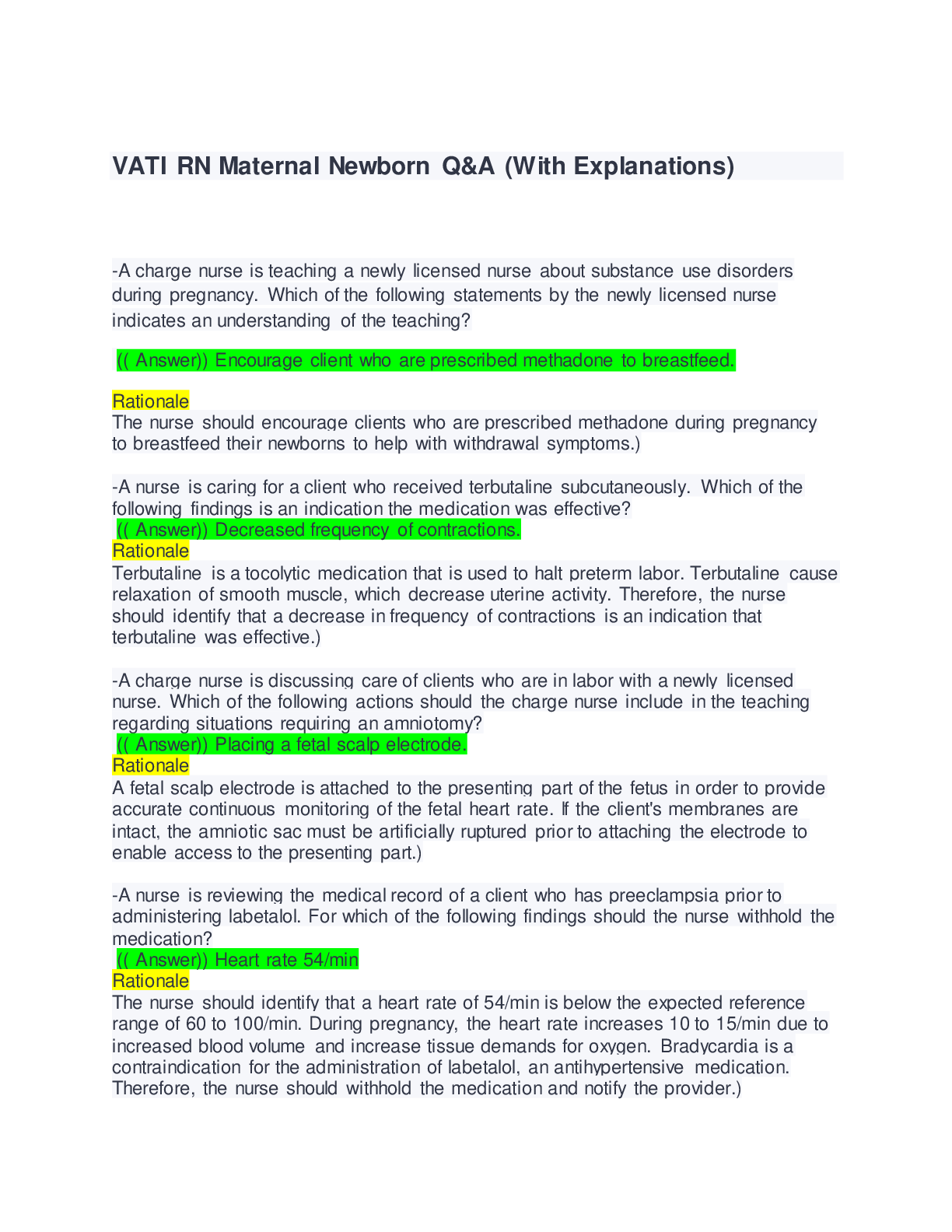 Preview image for VATI RN Maternal Newborn Q&A (With Explanations)